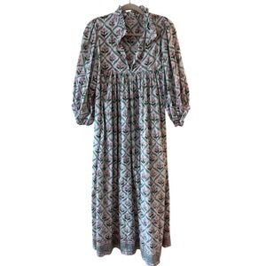 Paridhan Fab Pink Green Floral Block Print Cotton Midi Dress Puff Sleeve Large